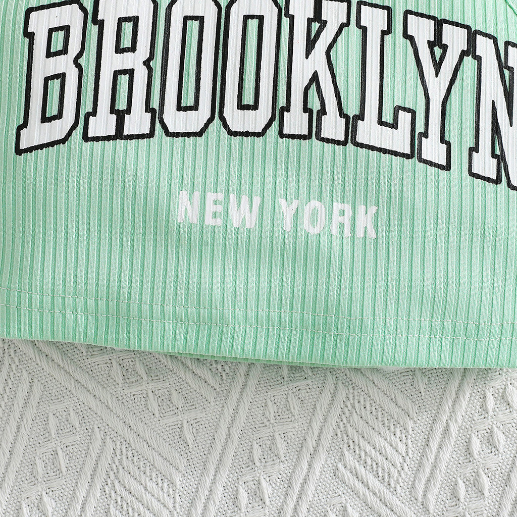 Girls Sea Green Typographic Printed Camisole Top With Tulle Top And Shorts Set 3 pc. Sets