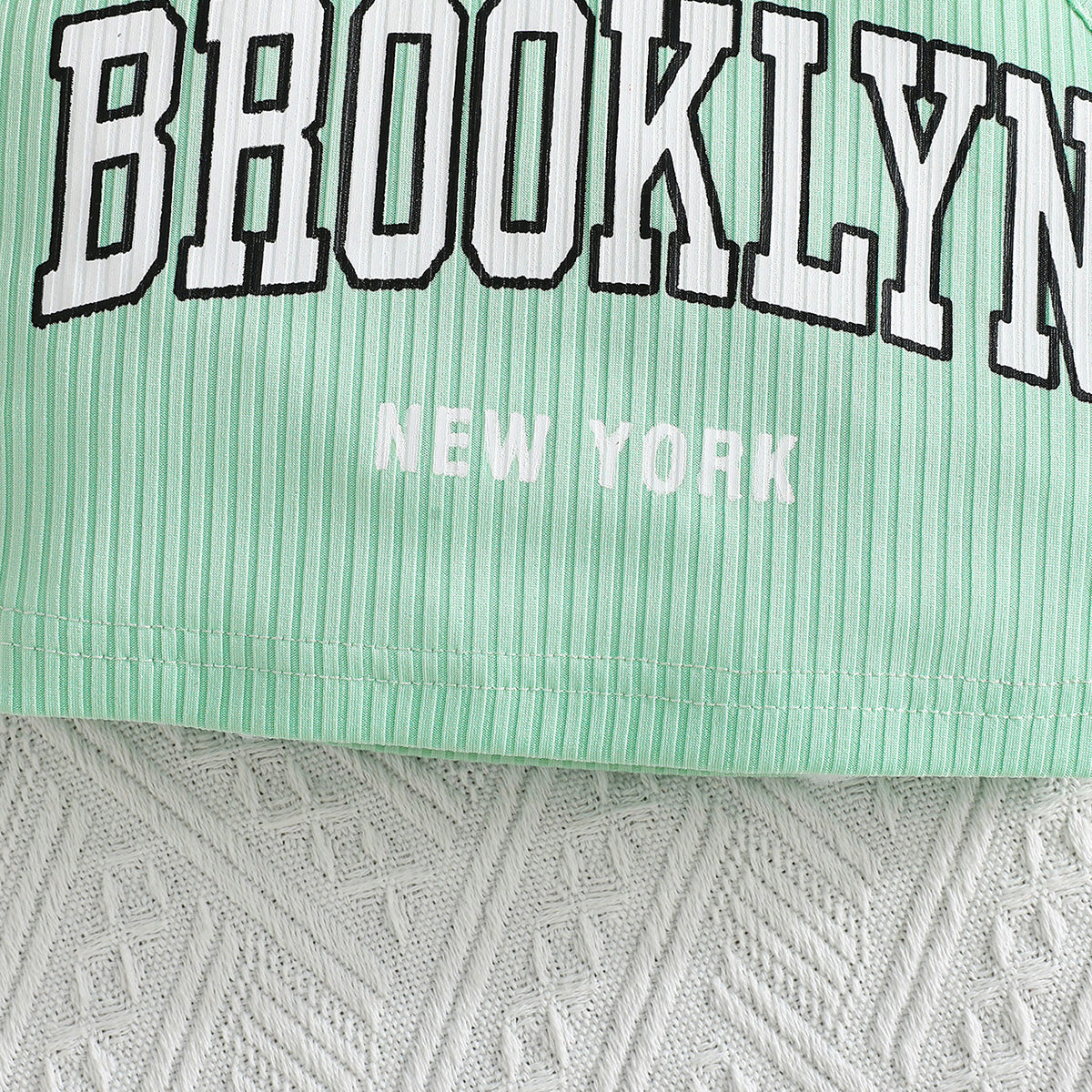 Girls Sea Green Typographic Printed Camisole Top With Tulle Top And Shorts Set 3 pc. Sets