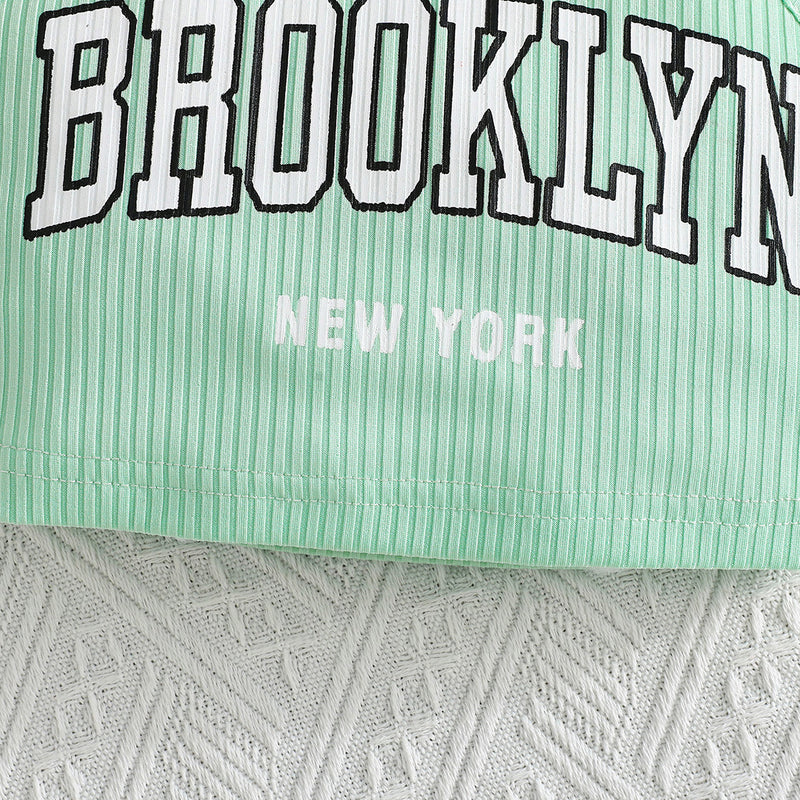 Girls Sea Green Typographic Printed Camisole Top With Tulle Top And Shorts Set 3 pc. Sets
