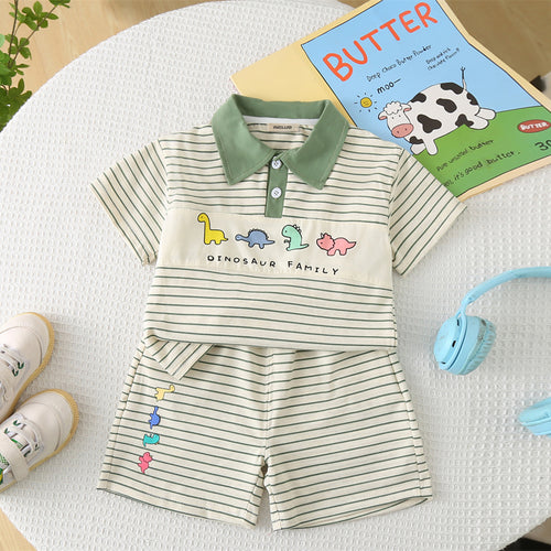 Boys Green Dinosaur Striped Polo T-shirt with Shorts Set Sets Green 1-2 Y