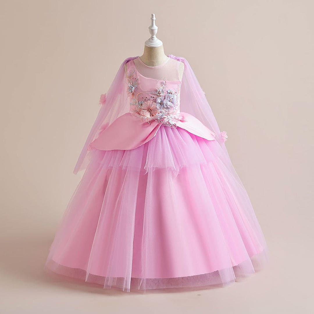 Girls Flower Applique Party Wear Gown Party Dresses Pink 6-7 Y 