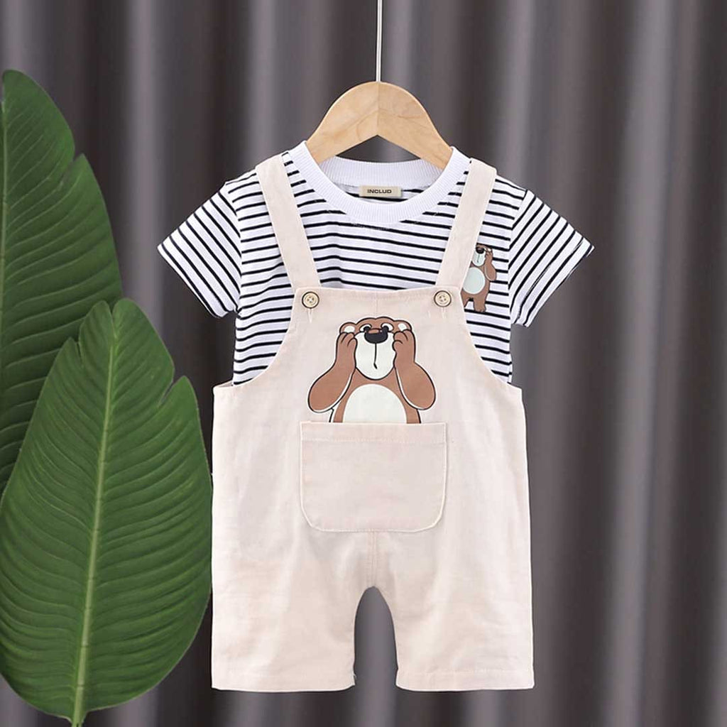 Boys Striped T-shirt with Printed Dungaree Set
