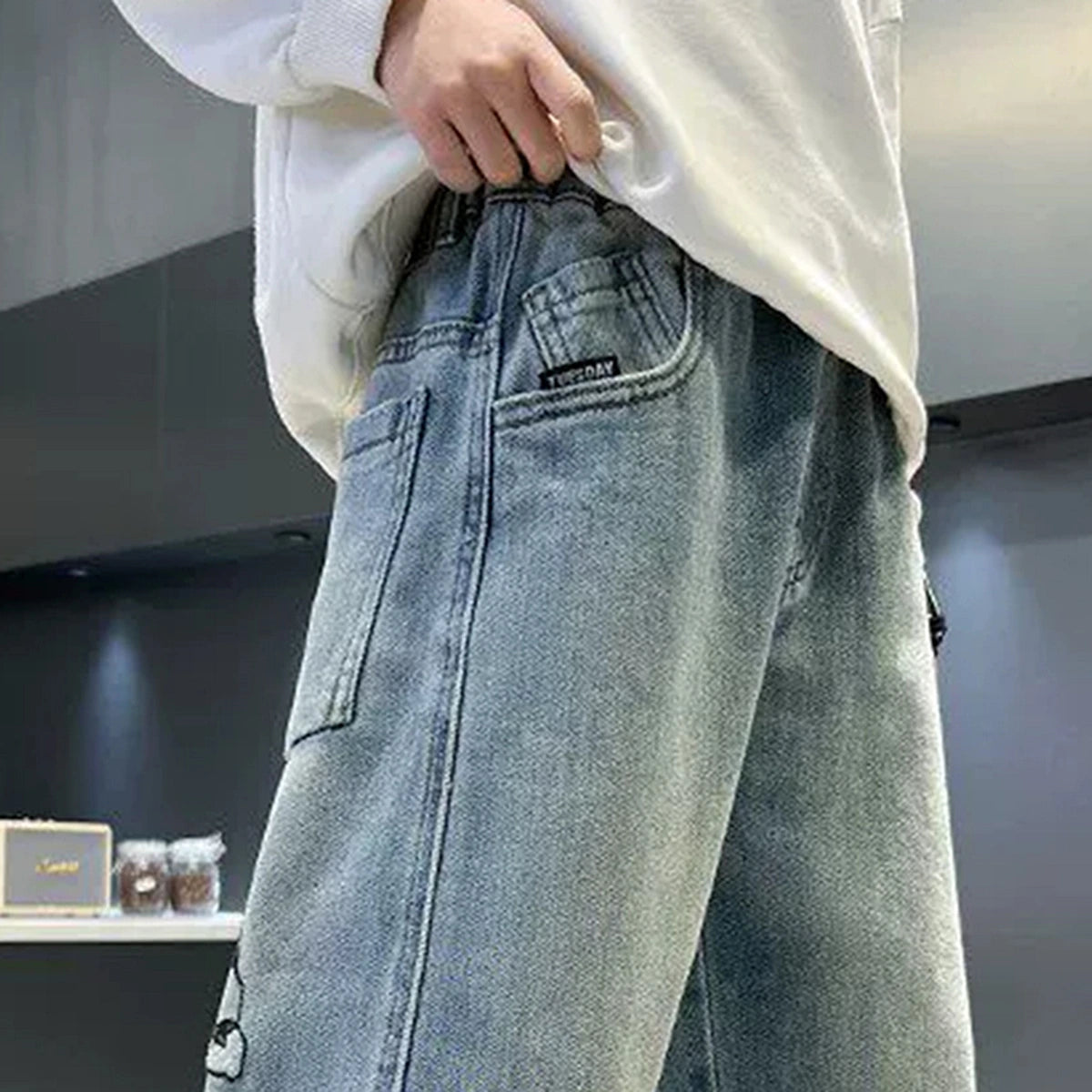 Boys Light Blue Graphic Print Baggy Fit Denim Jeans Pants