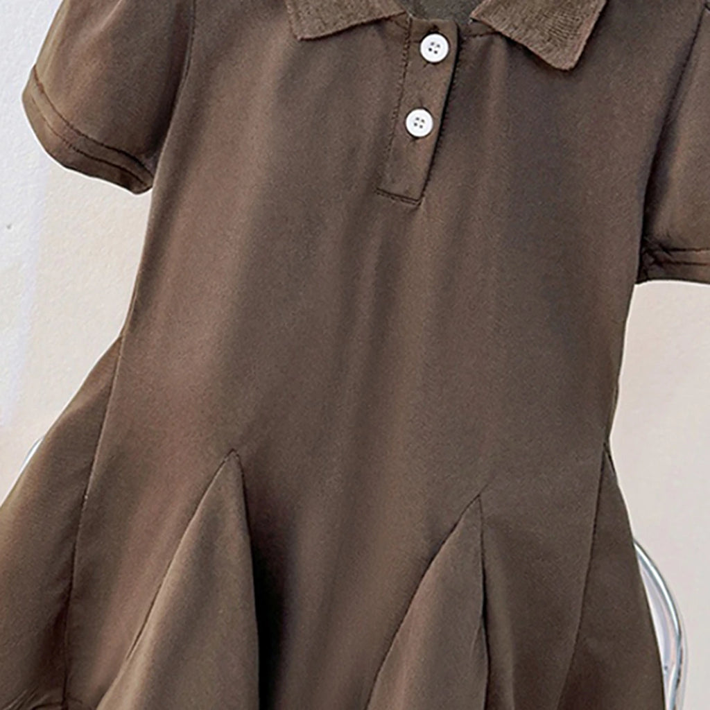 Girls Brown Puff Sleeve Shirt Collar Fit & Flare Dress Casual Dresses