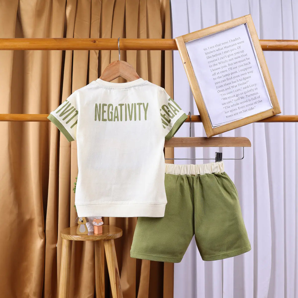 Boys Beige Typographic Printed Short Sleeve T-shirts With Elasticated Shorts Sets Sets