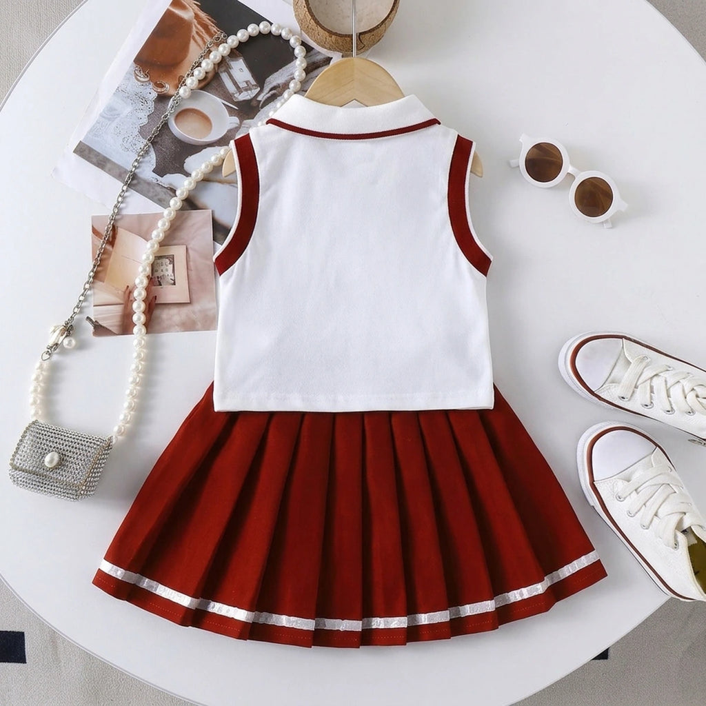 Girls Heart Embroidered Polo Top With Maroon Pleated Skirt Sets 2 pc. Sets