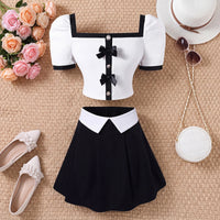 Girls White Bow Applique Puff Sleeve Top With Skirt Sets 2 pc. Sets White 7-8 Y