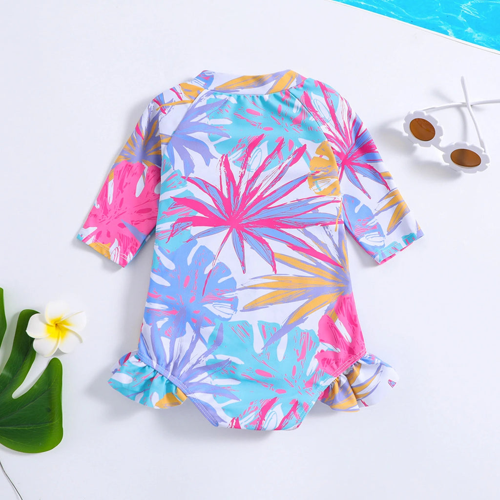 Girls Multicolor Tropical Printed Swimwear Bodysuit Beachwear