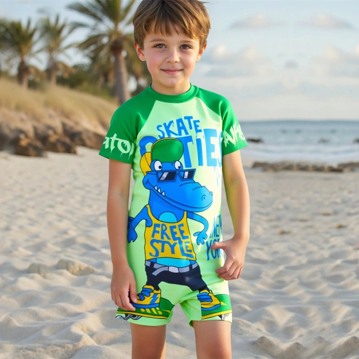 Boys Light Green Graphics Short Sleeves Swimwear Romper Jumpsuits