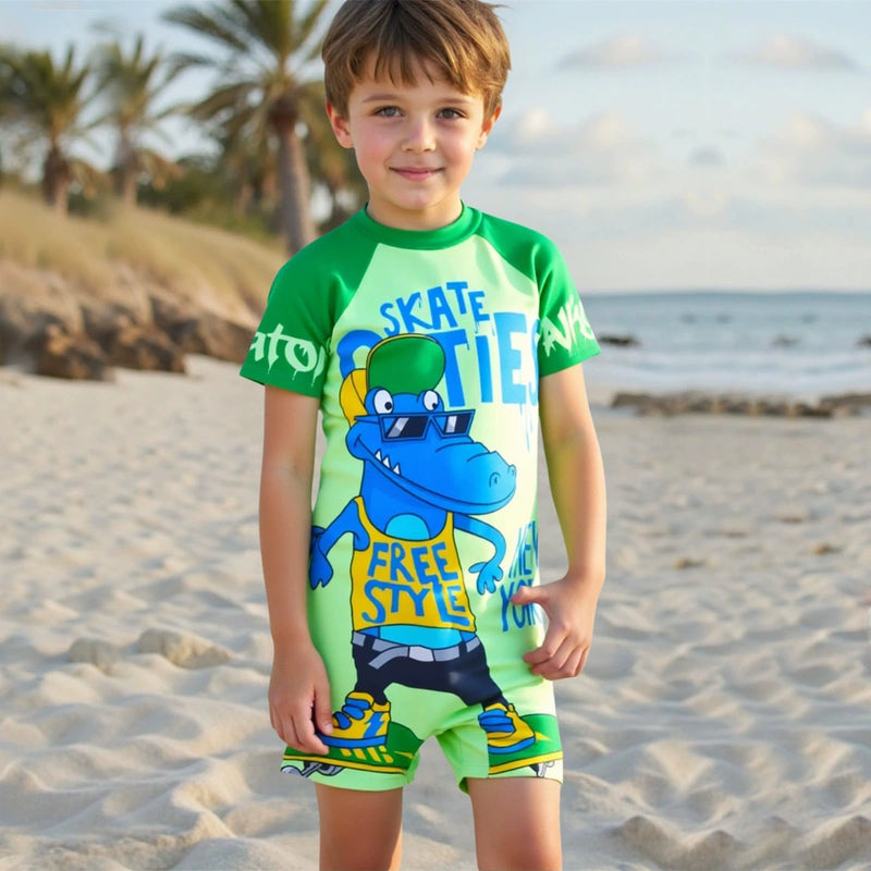 Boys Light Green Graphics Short Sleeves Swimwear Romper Jumpsuits