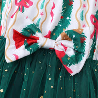 Girls Green Christmas Theme Printed Fit & Flare Dress Casual Dresses