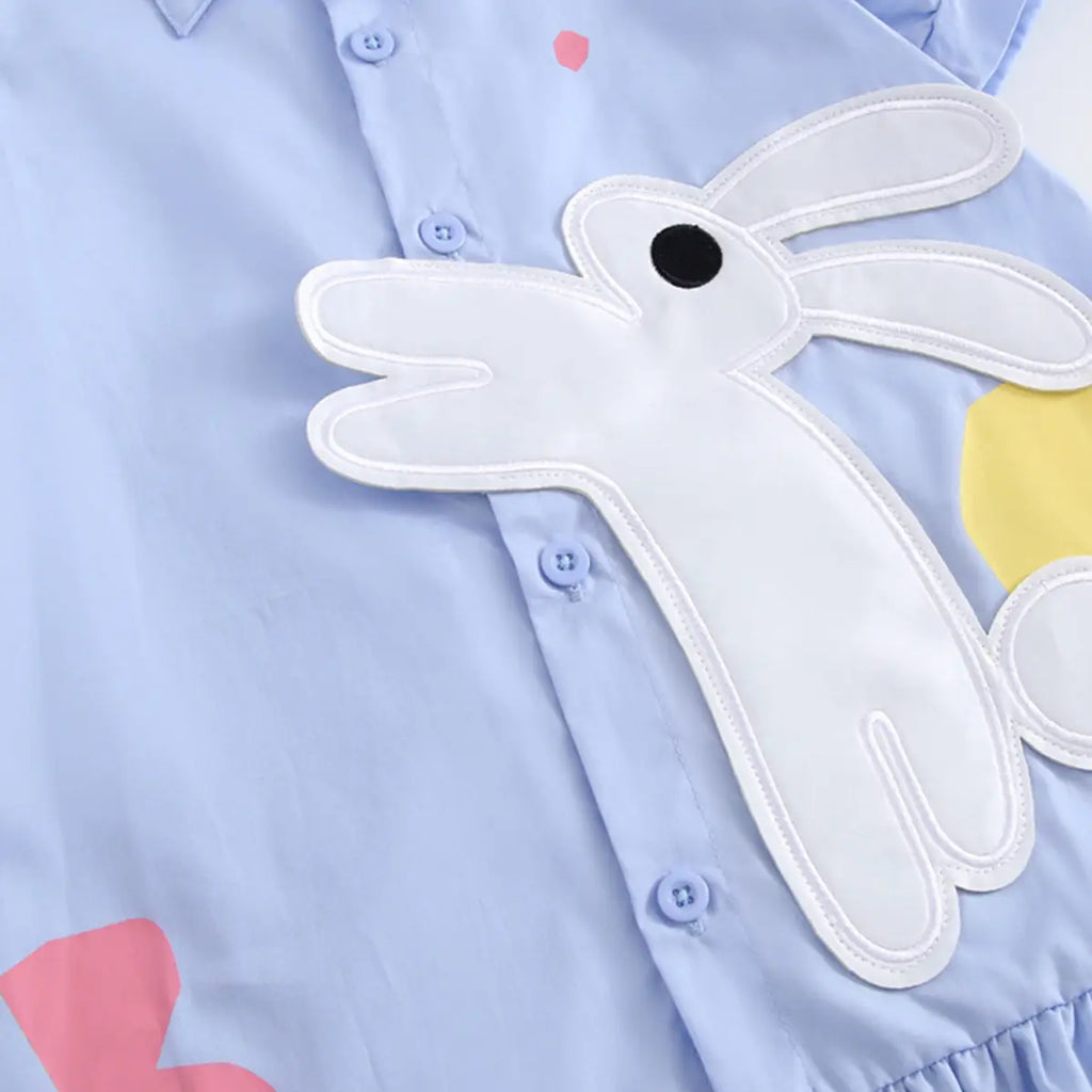 Girls Blue Bunny Applique Short Sleeve Shirt Dress Casual Dresses