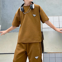 Boys Brown Textured Short Sleeve T-Shirt With Elasticated Shorts Sets Sets