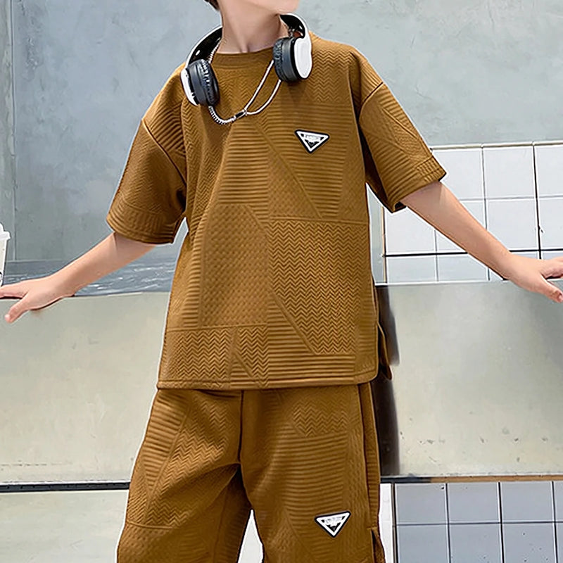 Boys Brown Textured Short Sleeve T-Shirt With Elasticated Shorts Sets Sets