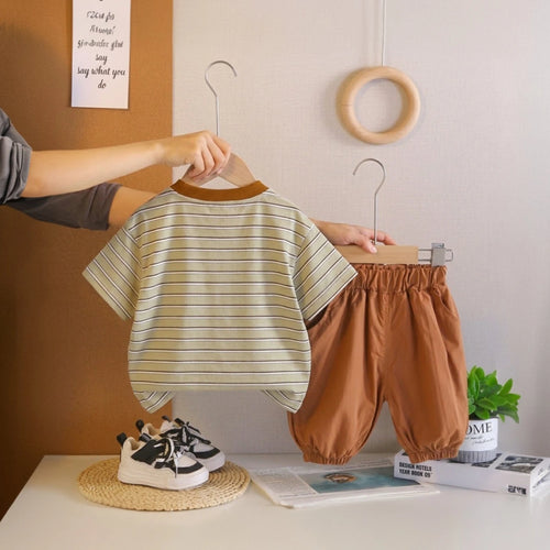 Boys Khaki Dog Print Striped T-Shirt with Elasticated Shorts Sets 2 pc. Sets