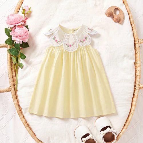 Girls Light Yellow Floral Embroidered Sleeveless A-Line Dress Casual Dresses Yellow 1-2 Y