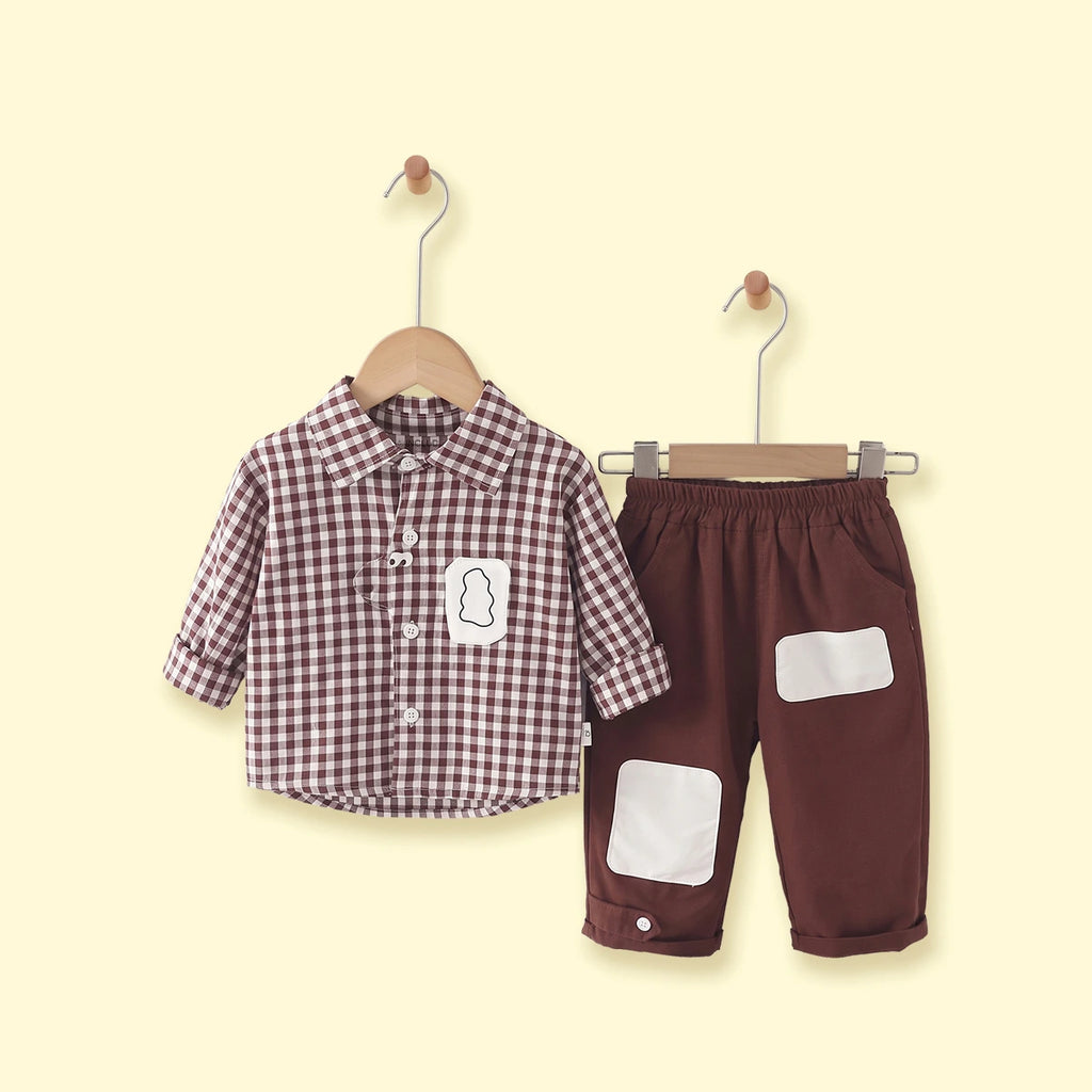 Boys Brown Checked Long Sleeves Shirt & Pants Sets Sets Brown 1-2 Y