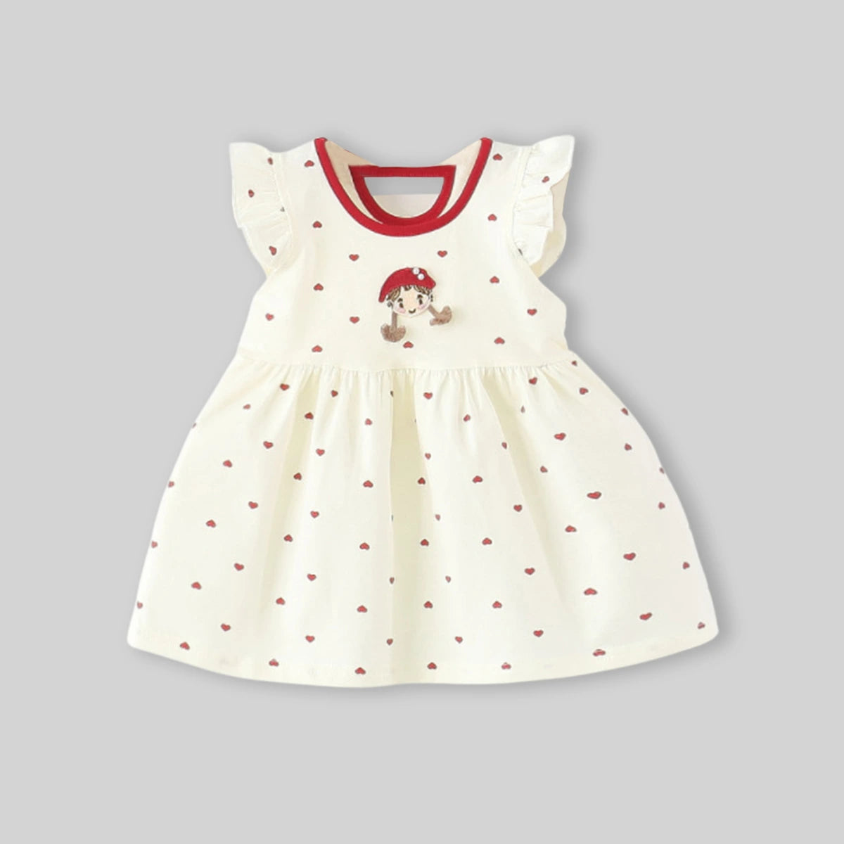 Girls White Heart Printed Flutter Sleeve A-line Dress With Applique Casual Dresses