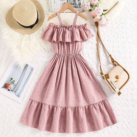 Girls Pink Swiss Dot Cold-Shoulder Ruffle Dress Casual Dresses Pink 7-8 Y