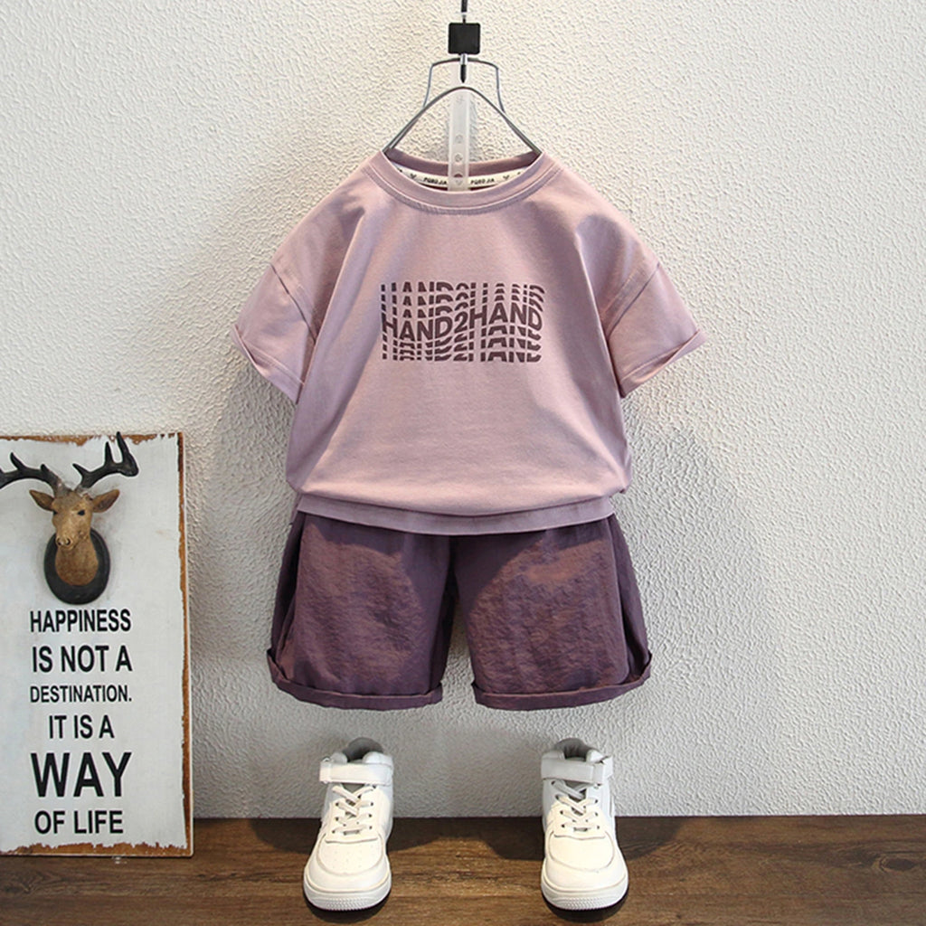 Boys Mauve Typographic Print Short Sleeves T-Shirt With Shorts Set Sets Mauve 1-2 Y