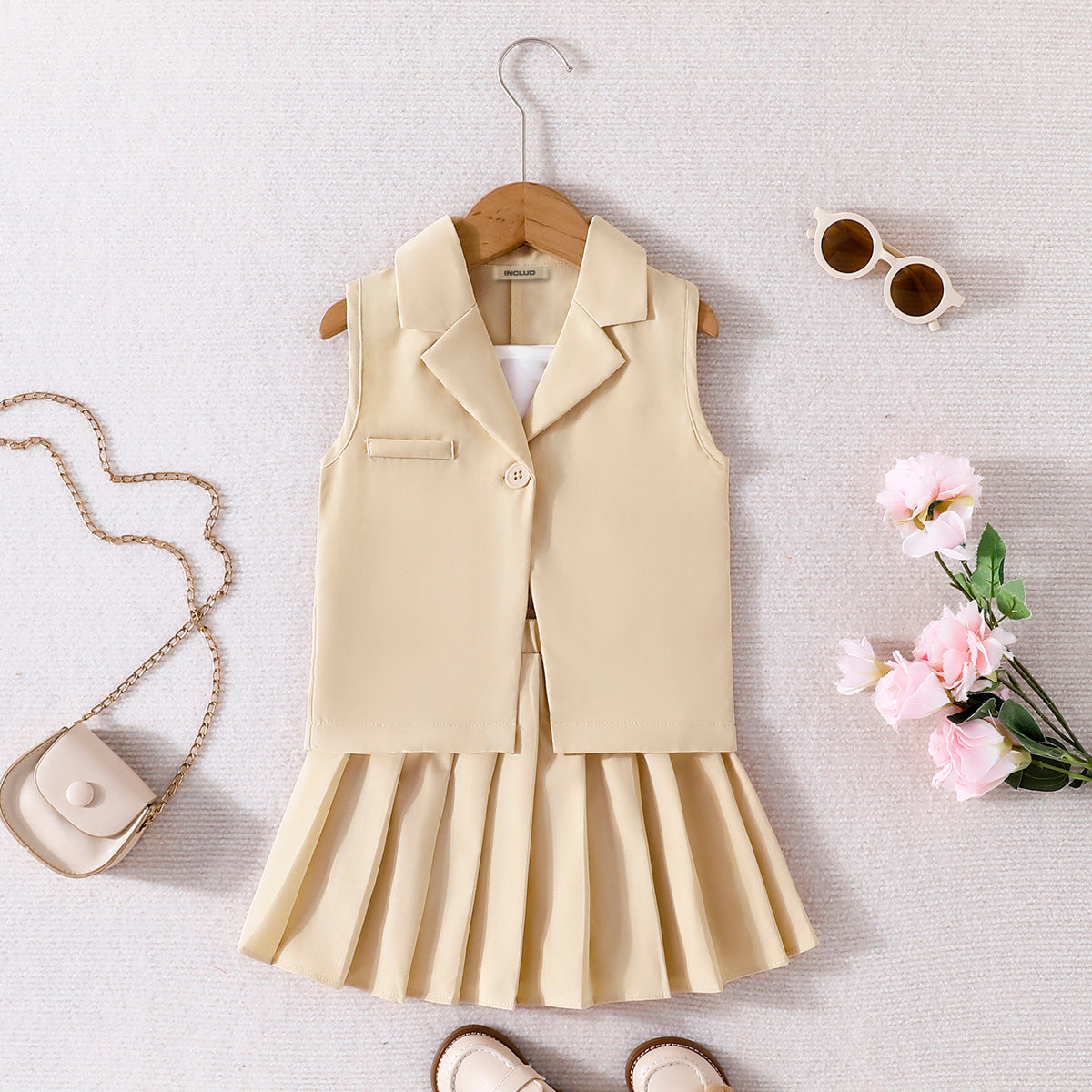 Girls Khaki Sleeveless Jacket With Camisole Top And Pleated Skirts Sets 3 pc. Sets