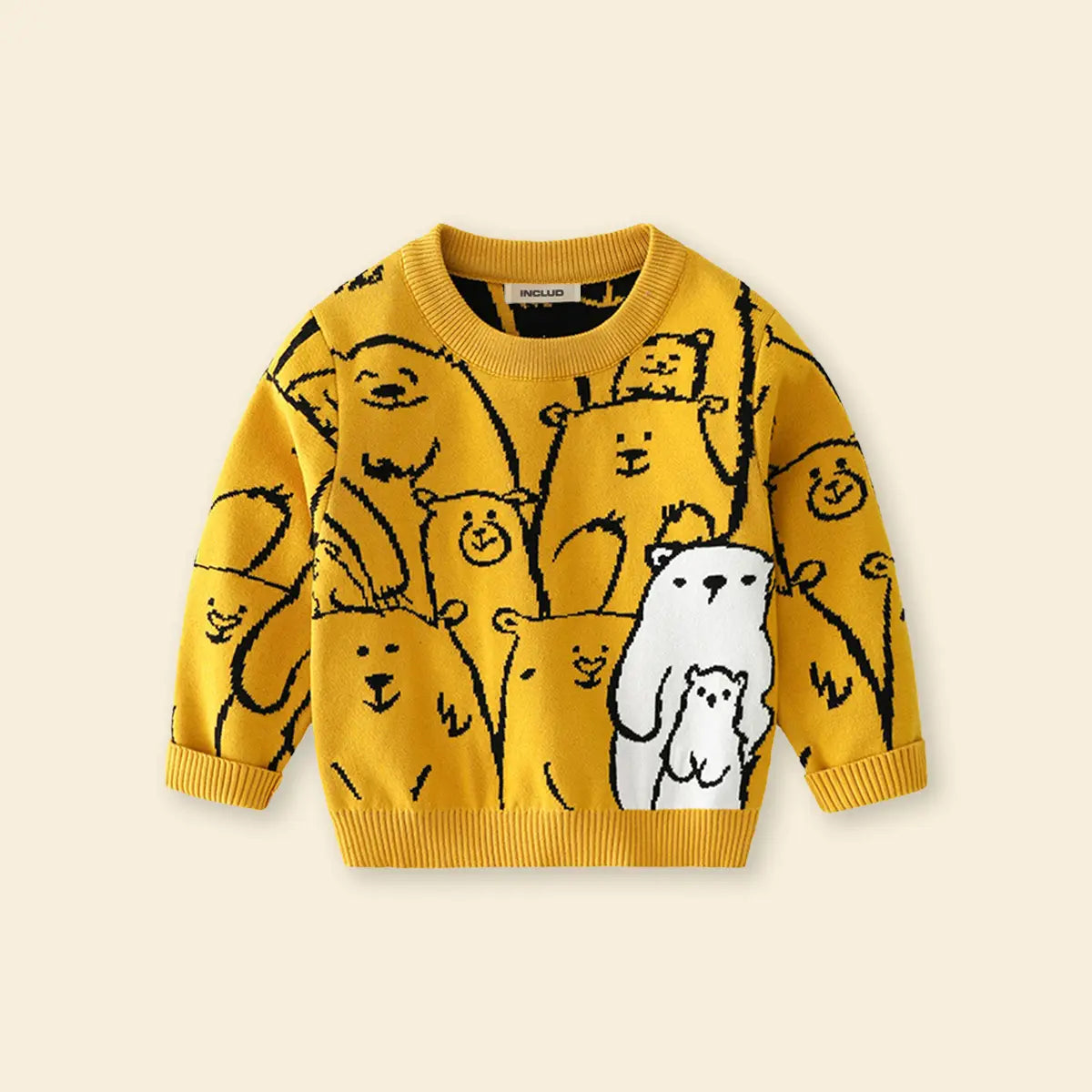 Boys Mustard Self-Design Allover Bear Pattern Knitted Sweater Sweaters & Cardigans