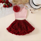 Girls Pink 3D Flower Applique Crop Top With Tiered Tulle Skirts Set