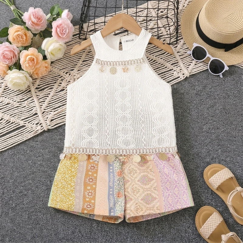 Girls White Lace Halter Top With Printed Shorts Sets Sets White 1-2 Y