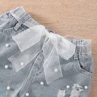 Girls Sleeveless Ribbed Knit Top With Beaded Denim Shorts Set Sets