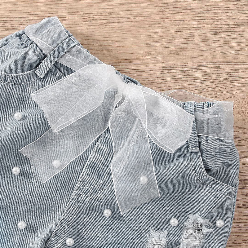 Girls Sleeveless Ribbed Knit Top With Beaded Denim Shorts Set Sets