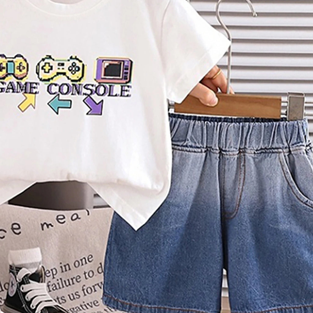 Boys White Graphic Printed Short Sleeve T-Shirt With Denim Shorts Sets 2 pc. Sets