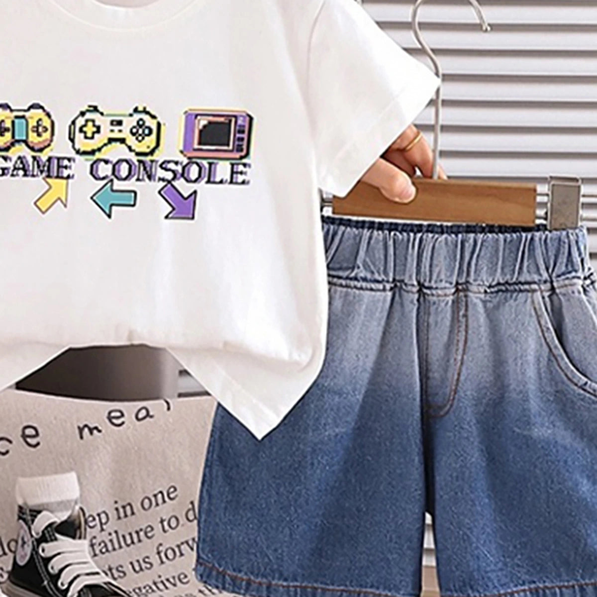 Boys White Graphic Printed Short Sleeve T-Shirt With Denim Shorts Sets 2 pc. Sets