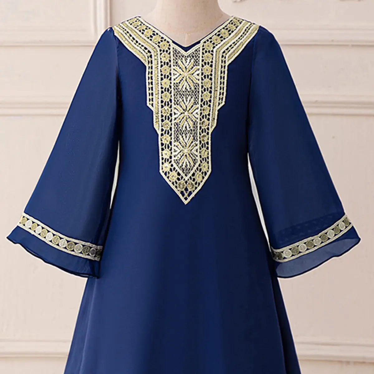 Girls Blue Embroidered Flared Sleeves Maxi Dress Casual Dresses