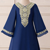 Girls Blue Embroidered Flared Sleeves Maxi Dress Casual Dresses
