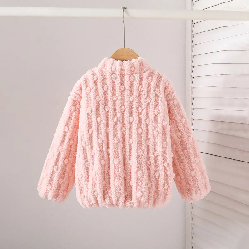 Girls Light Pink Self-Design Fleece Zipper Jacket Coats & Jackets