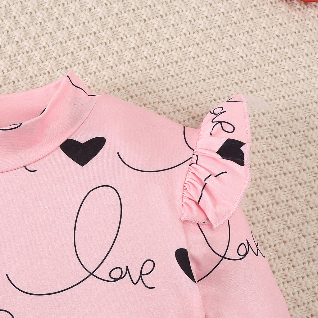 Girls Light Pink Heart Print Long Sleeves Top With Skirt Set 2 pc. Sets