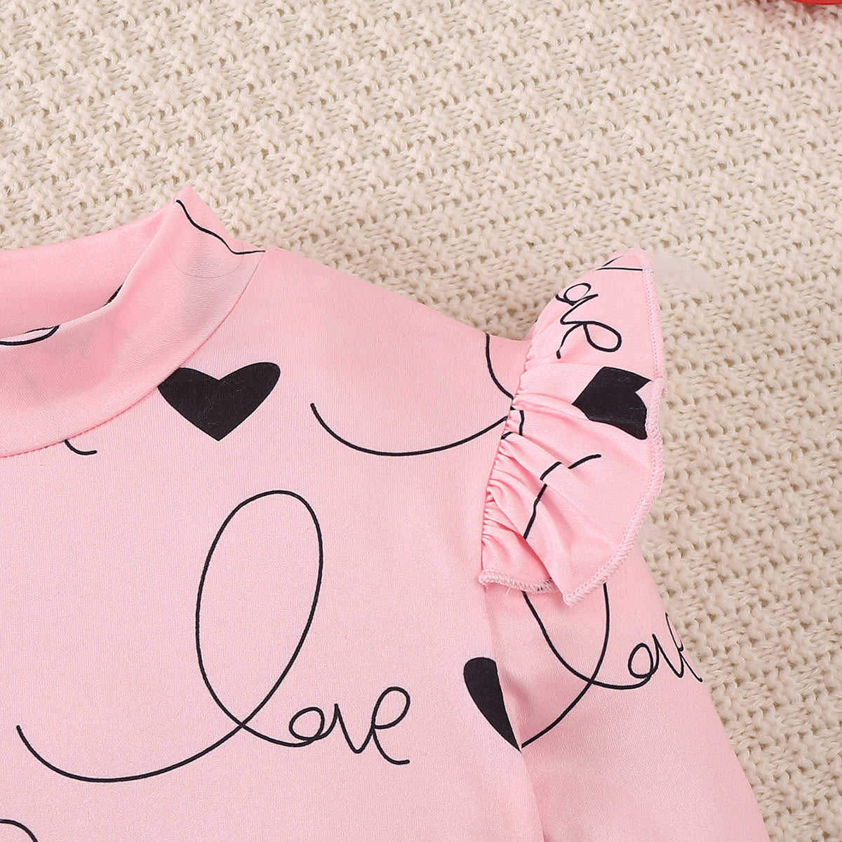 Girls Light Pink Heart Print Long Sleeves Top With Skirt Set 2 pc. Sets