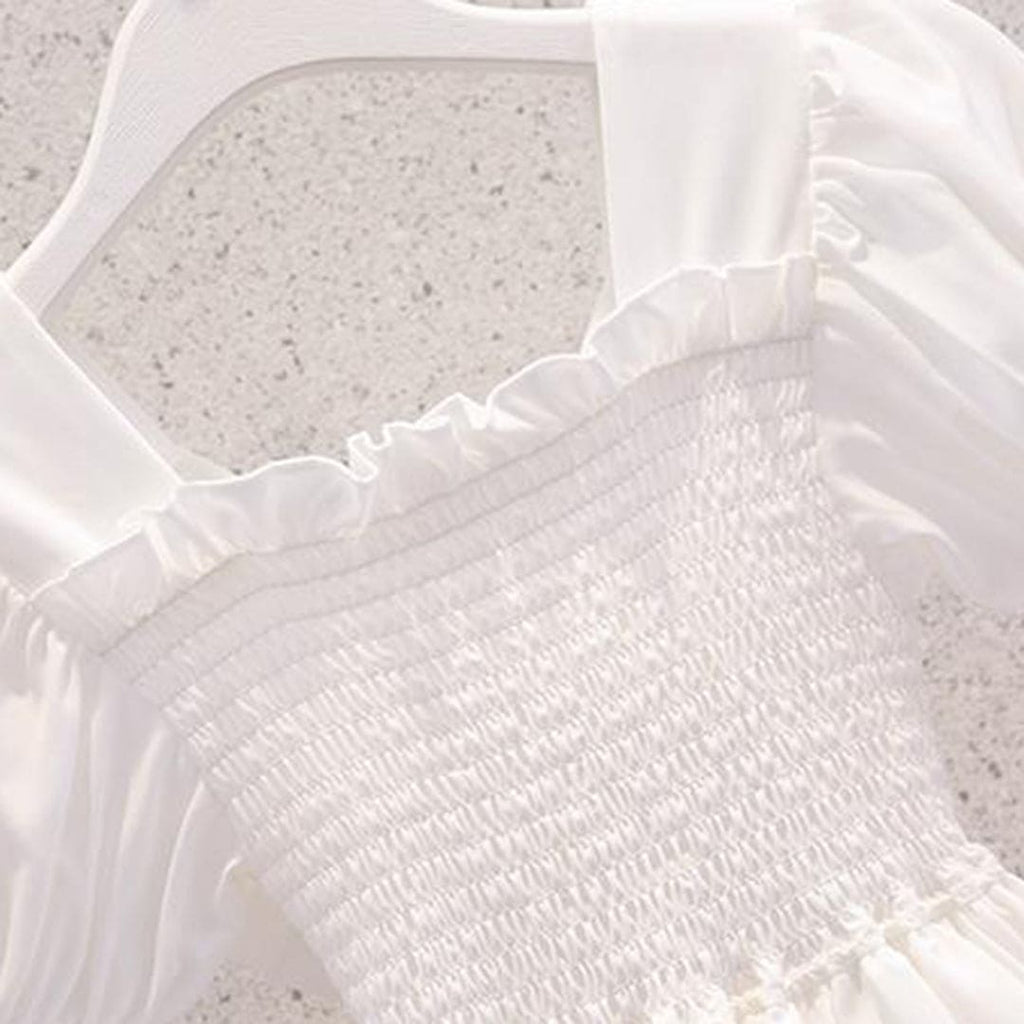 Girls Puff Sleeves Elasticated Smocking Tiered Dress Casual Dresses   