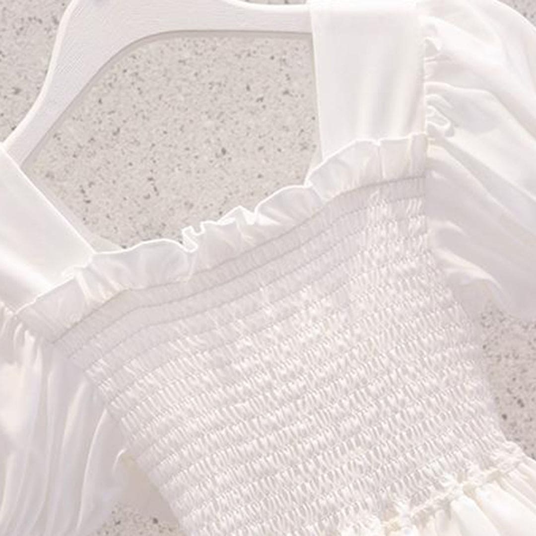 Girls Puff Sleeves Elasticated Smocking Tiered Dress Casual Dresses   