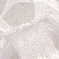 Girls Puff Sleeves Elasticated Smocking Tiered Dress Casual Dresses   