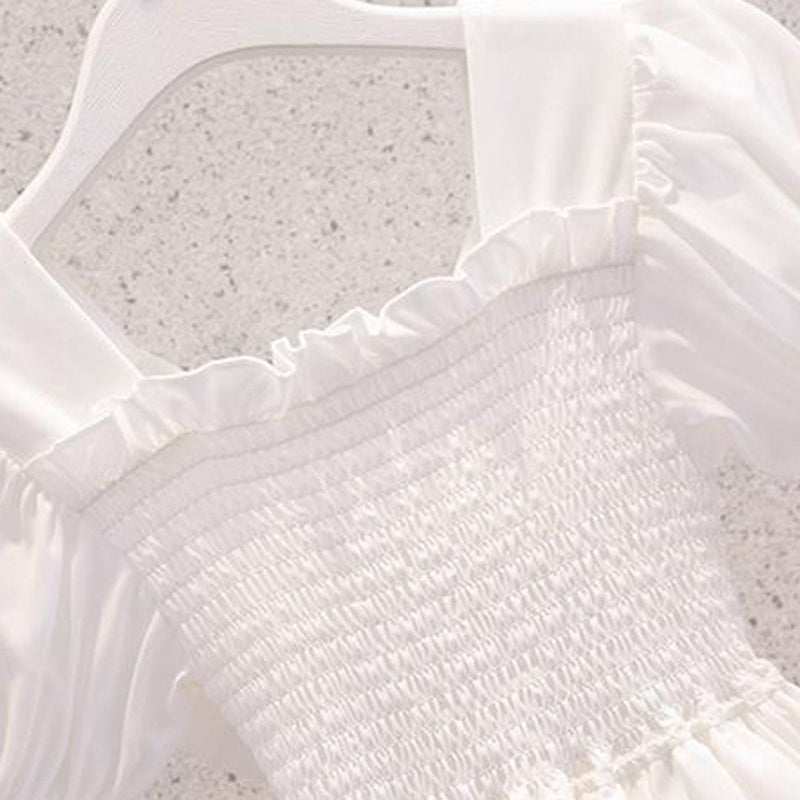 Girls Puff Sleeves Elasticated Smocking Tiered Dress Casual Dresses   