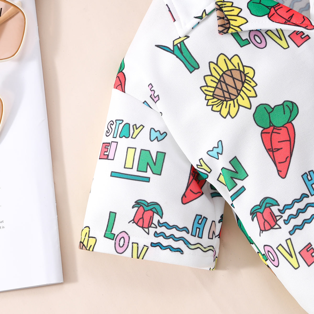 Girls White Printed Short Sleeve Shirt With Skirt Set 2 pc. Sets