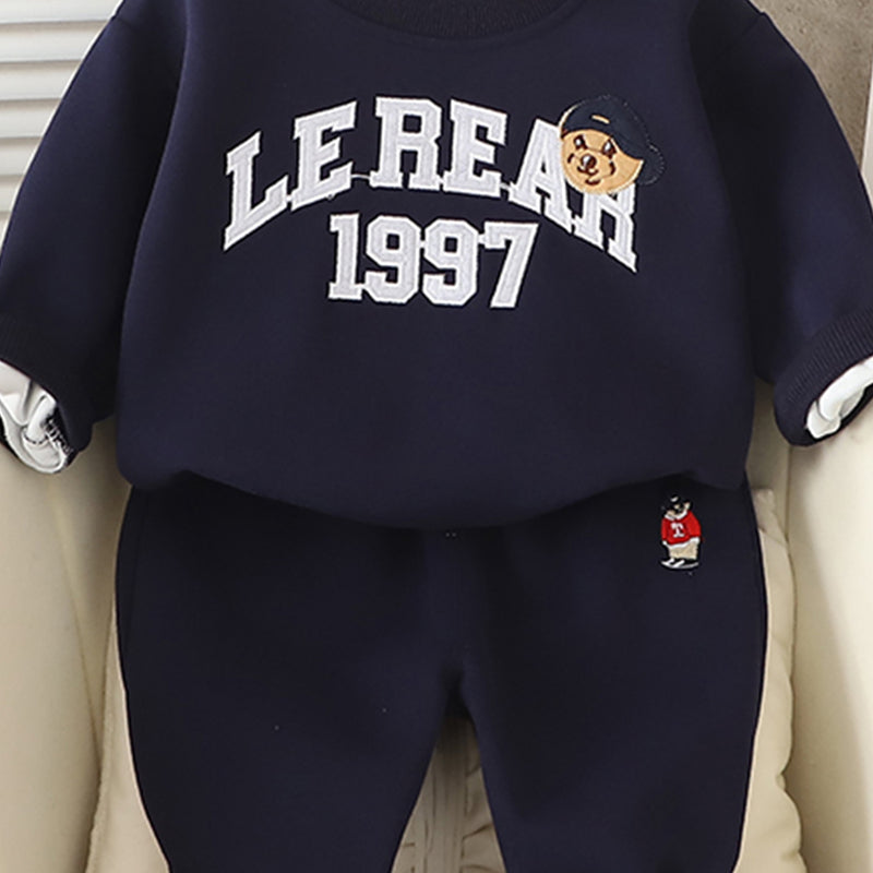 Boys Navy Blue Typographic Embroidered Sweatshirt With Pants Set 2 pc. Sets
