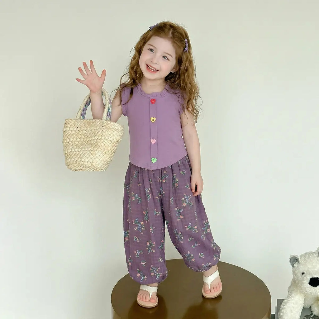 Girls Purple Ruffle Neck Top With Floral Print Pants Sets Sets Purple 1-2 Y