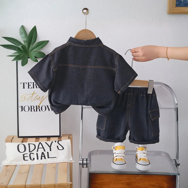 Boys Black Denim Shirt & Cargo Shorts With Printed T-Shirt Sets Sets
