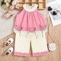 Girls Pink Rose Applique Top With Pants Sets Sets Pink 1-2 Y