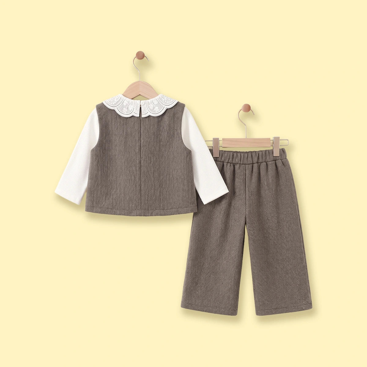 Girls Light Brown Textured Vest & Pants With Eyelet Collar Top Sets Sets
