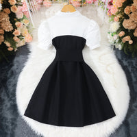 Girls Black Polo Neck Flared Dress with Wide Belt Casual Dresses