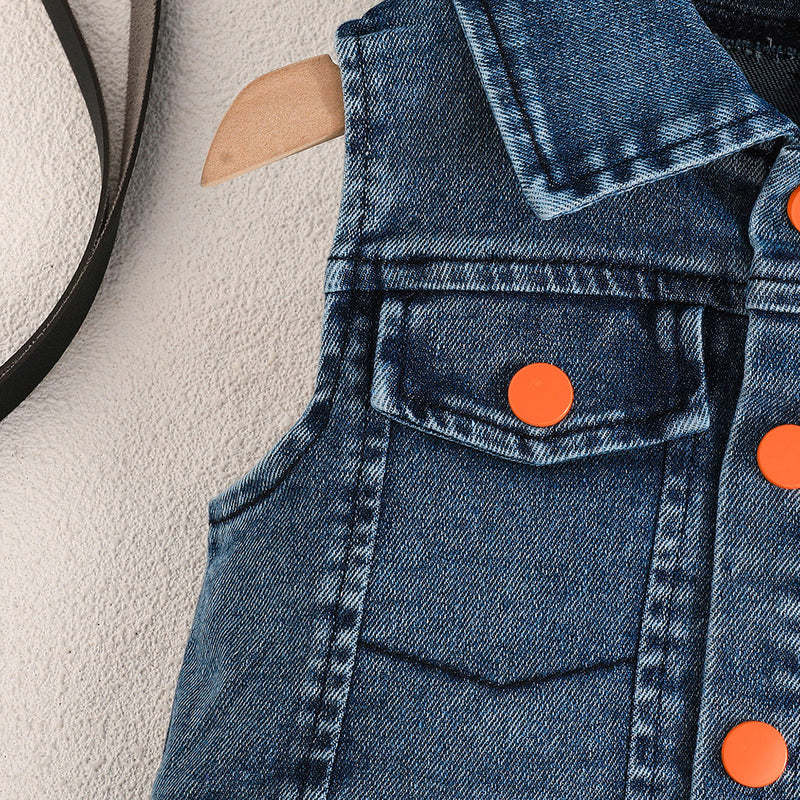Girls Sleeveless Denim Jacket With Orange Pleated Skirt And Camisole Top Set 3 pc. Sets