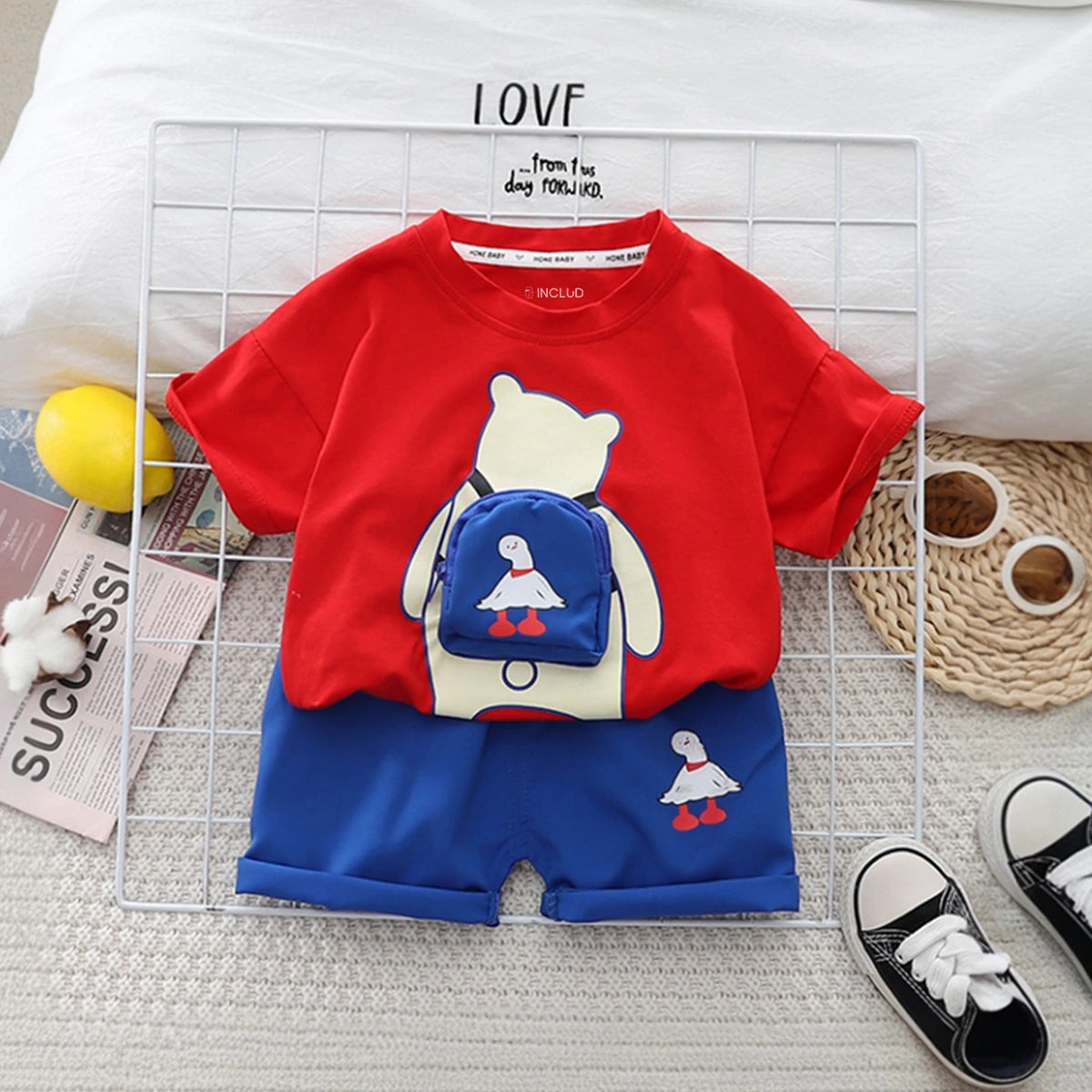 Boys Red Bear Printed Short Sleeve T-Shirt With Shorts Sets 2 pc. Sets Red 1-2 Y
